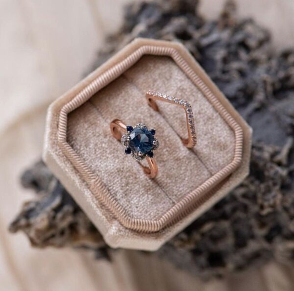 Art Deco Sapphire Engagement Ring Set, 14k Rose Gold Stackable Curved Wedding Band, Unique Matching Womens Wedding Rings, Rose Promise Ring - Image 3