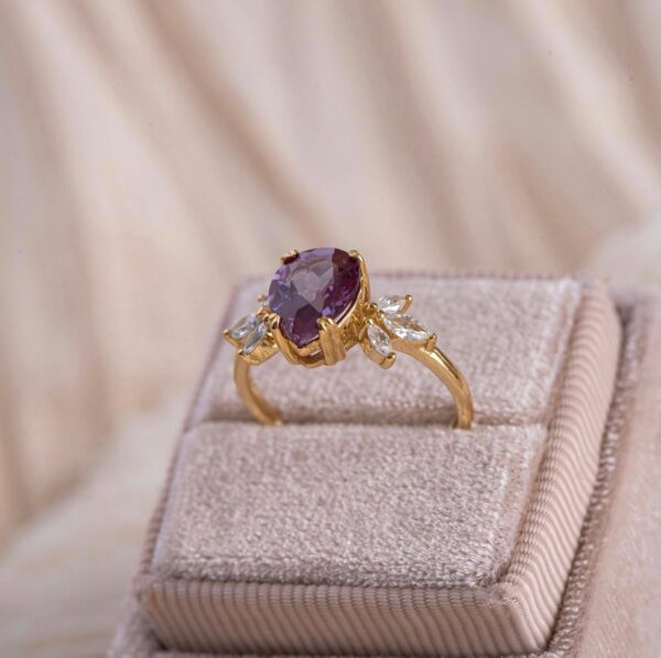 Unique Alexandrite Engagement Ring, June Birthstone Birthday Gift for Her, Christmas Anniversary Women Gift, Art Deco Vintage Gold Jewellery - Image 3