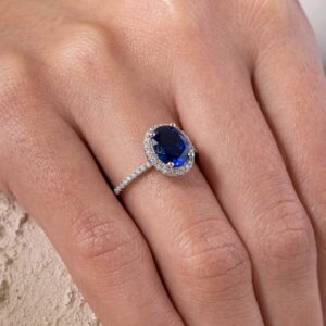 Halo Sapphire Ring, Silver Engagement Ring, 1.5 Ct Blue Gemstone Promise Ring, Christmas Gift for Women Under 40, Silver Bridal Jewellery