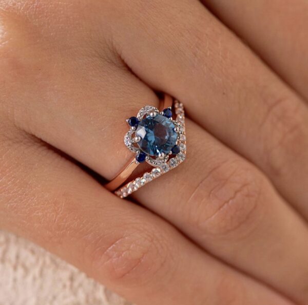 Art Deco Sapphire Engagement Ring Set, 14k Rose Gold Stackable Curved Wedding Band, Unique Matching Womens Wedding Rings, Rose Promise Ring - Image 2