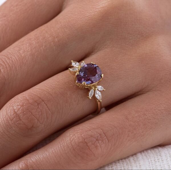 Unique Alexandrite Engagement Ring, June Birthstone Birthday Gift for Her, Christmas Anniversary Women Gift, Art Deco Vintage Gold Jewellery - Image 2