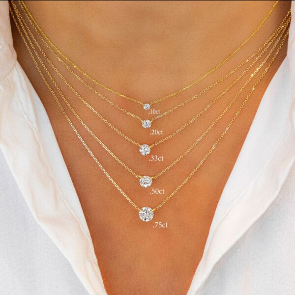 14k or 18k Solid Gold Necklace Natural Diamond Floating Solitaire with Drawstring Adjustable Chain.