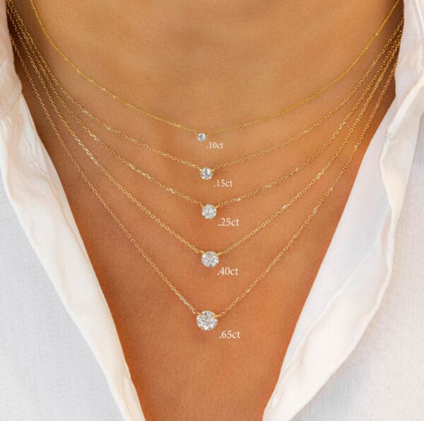 14k or 18k Solid Gold Necklace Natural Diamond Floating Solitaire with Drawstring Adjustable Chain. - Image 3